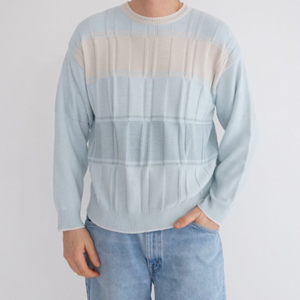 Vintage Arnold Palmer Blue Stripe Textured Biggie Fine Knit Crewneck Sweater M